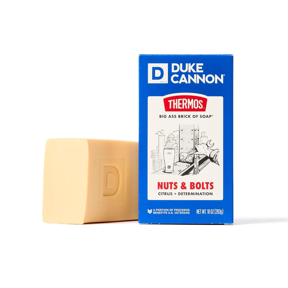 Duke Cannon branded front packaging showing bold label and weight, durable gifting appeal