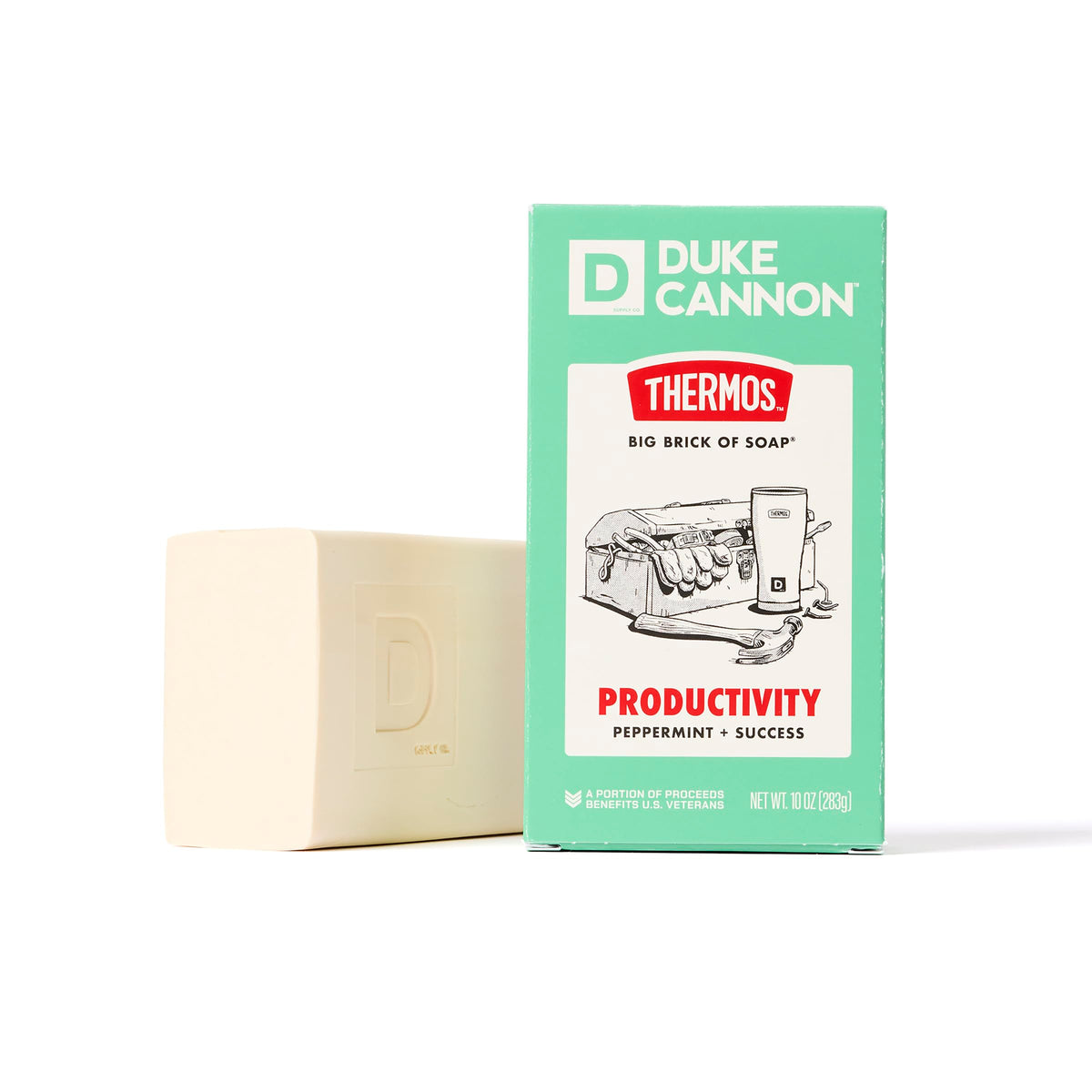 Duke Cannon x THERMOS front packaging showing peppermint scent and bold branding for confidence