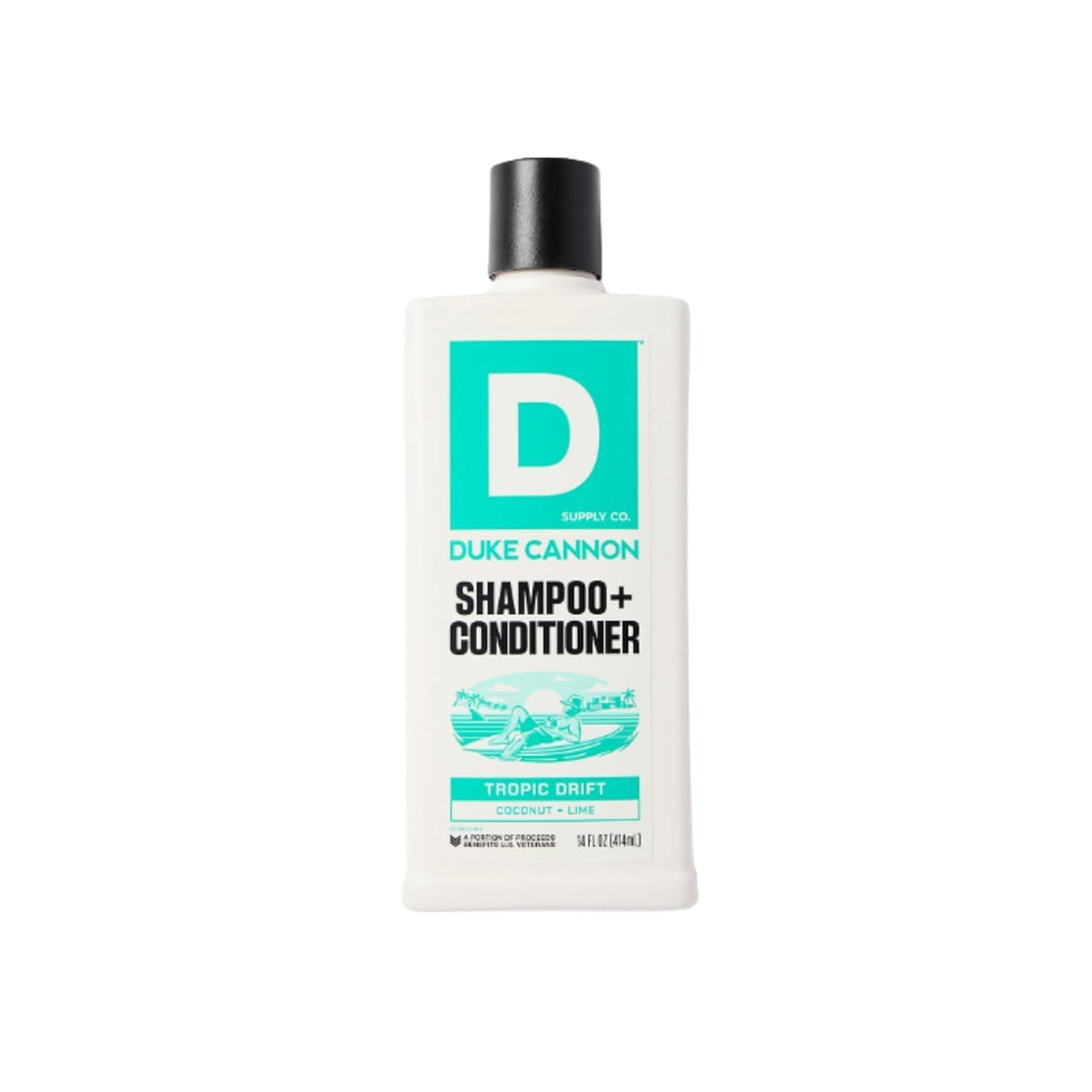 Duke Cannon front packaging showing coconut lime scent and size, simplifies grooming