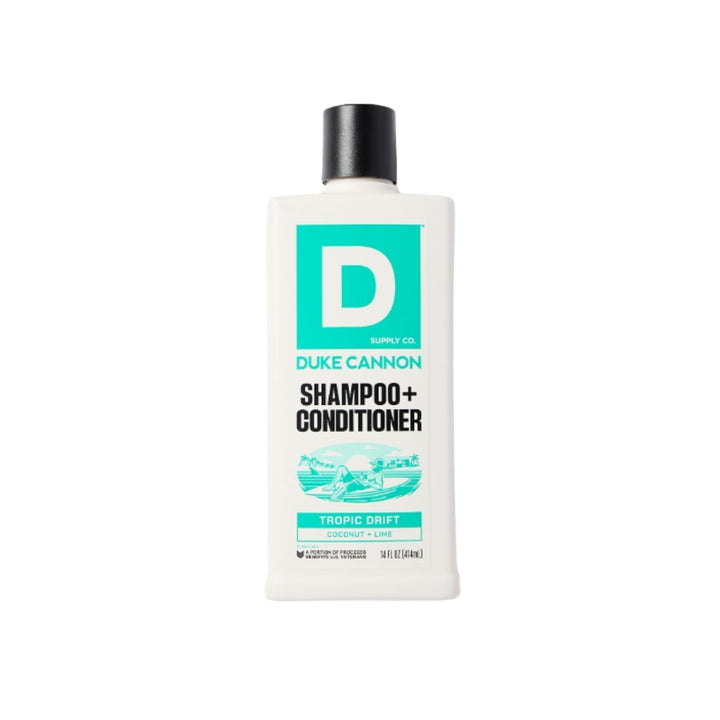 Duke Cannon front packaging showing coconut lime scent and size, simplifies grooming