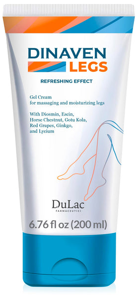 DULÀC FARMACEUTICI 1982 Dinaven front packaging showing bottle and cooling gel benefits