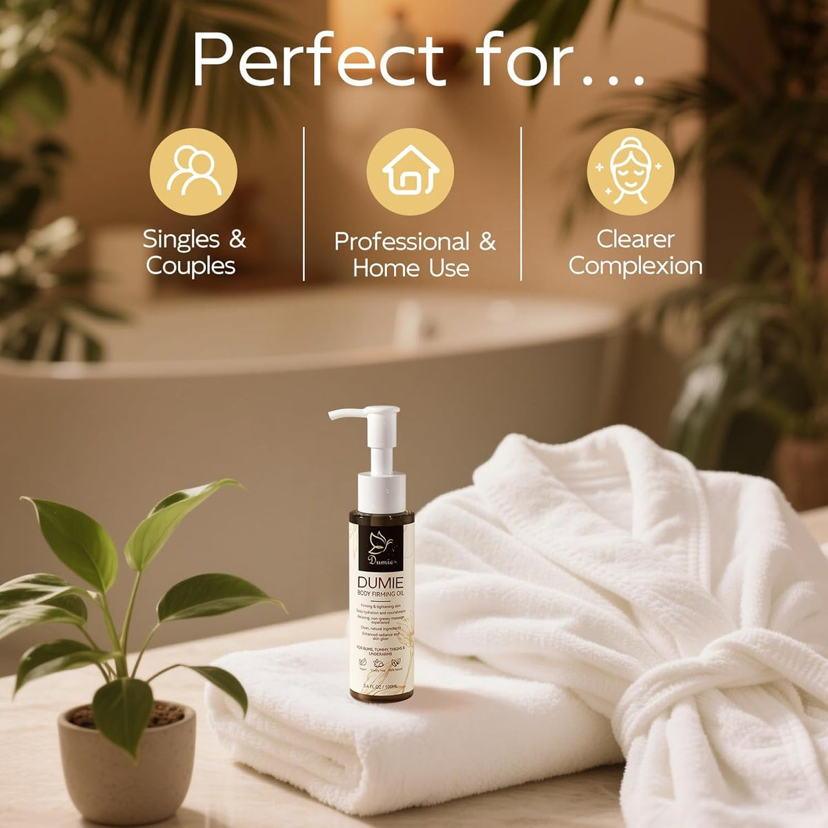 Dumie bottle on bathroom shelf lifestyle shot suggesting daily routine convenience