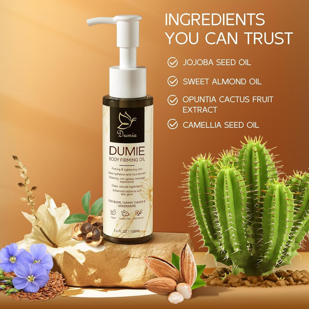 Dumie bottle in hand for size-and-scale to show travel-friendly 3.38 fl oz volume