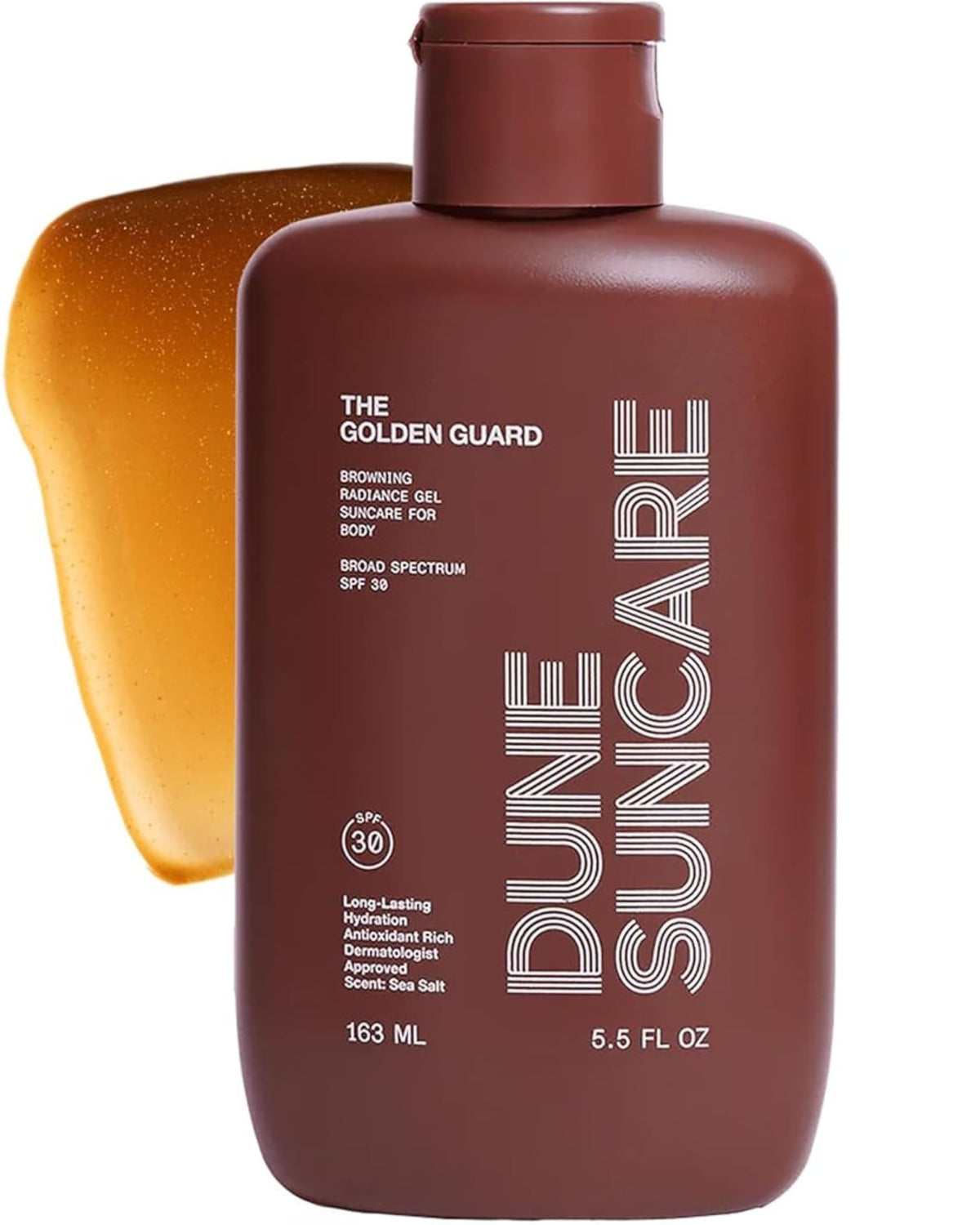 DUNE Golden Guard front bottle showing SPF 30 and golden tint benefit