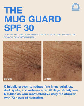 DUNE Mug Guard closeup of ingredients label, skin-nourishing botanicals