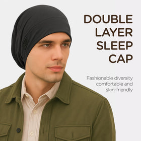 DUOMODRAGON two bonnets on nightstand suggesting nightly hair care routine