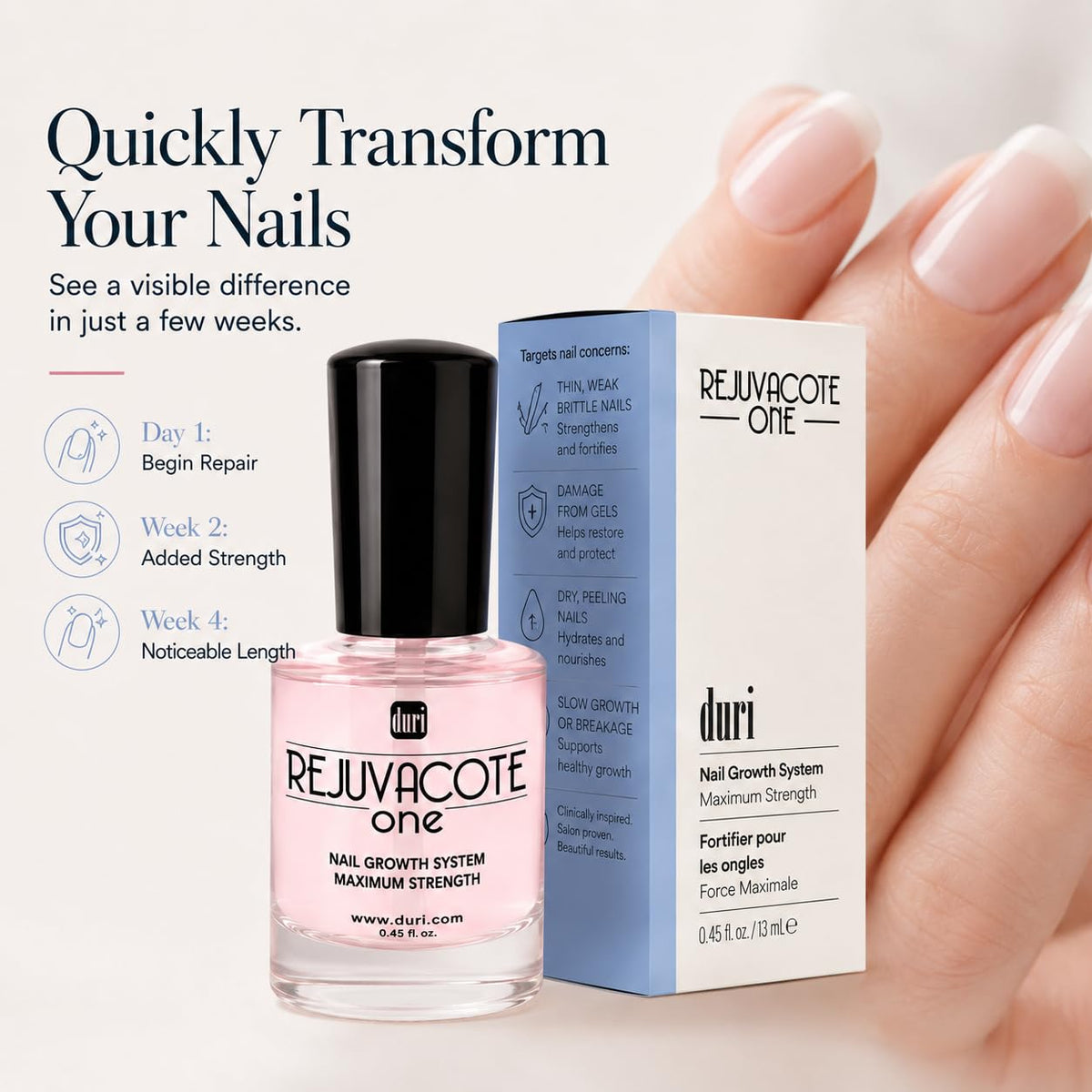 duri Rejuvacote 1 being applied to a nail, clear restoration treatment