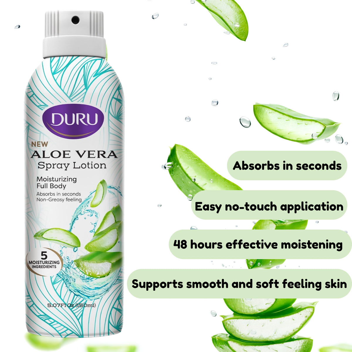 Duru spray in hand applying to back, illustrating hands-free convenience