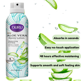 Duru spray in hand applying to back, illustrating hands-free convenience