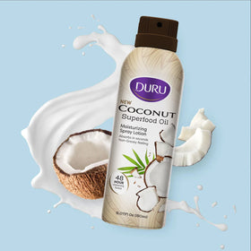 Label detail of Duru coconut spray showing ingredients and 48-hour claim
