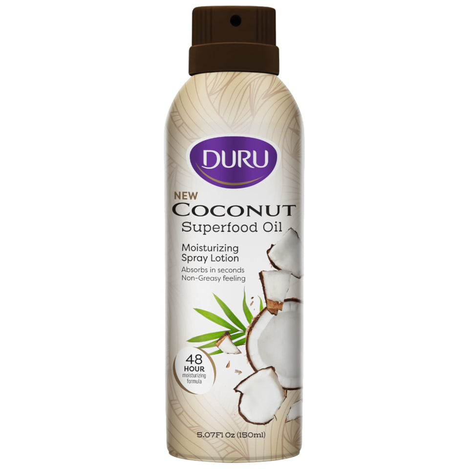 Duru bottle front view showing coconut spray and travel-friendly design
