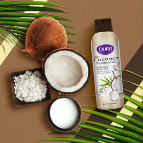 Person spraying Duru coconut lotion on arm for fast, hands-free hydration