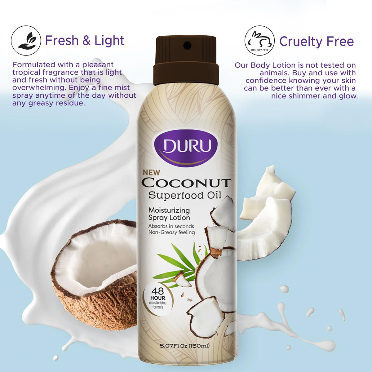 Close-up of Duru lotion texture highlighting lightweight coconut formula