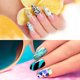 Duufin finished manicure with laser and floral foils showcasing sparkle