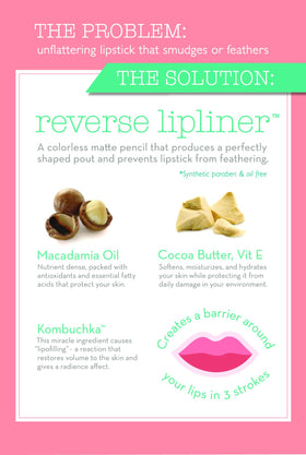 DuWop Reverse Lipliner in use applied outside lips demonstrating feathering prevention
