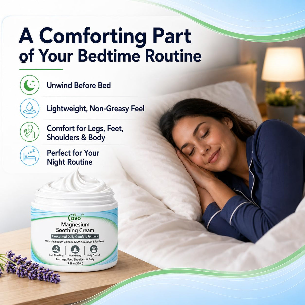 Applying DVO magnesium cream to feet for tired-foot comfort and soothing relief