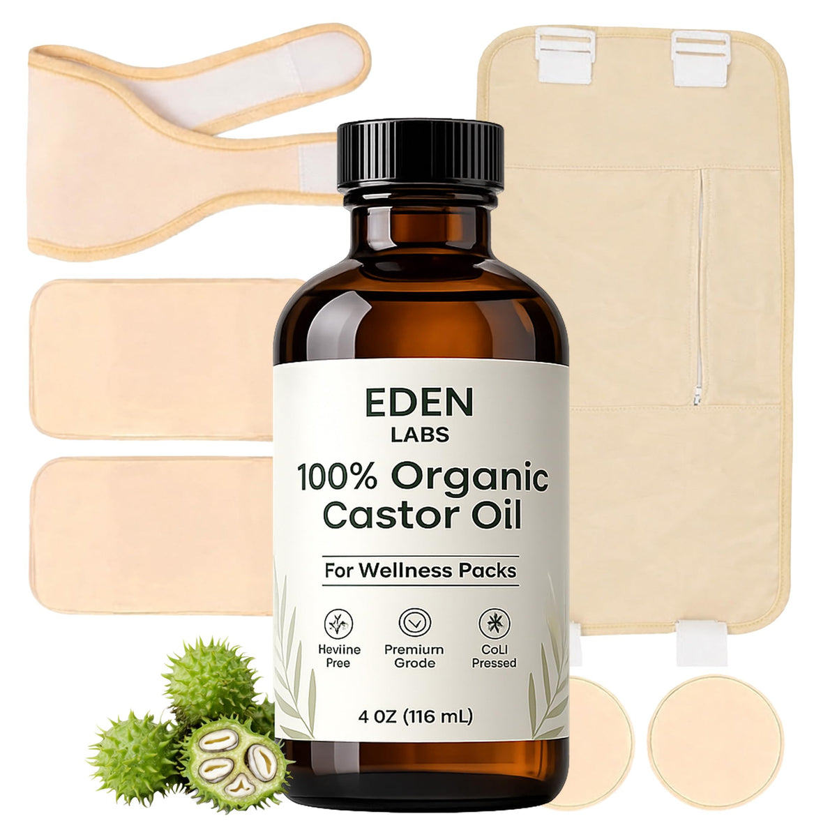 DXWXH Eden Labs front packaging showing the reusable castor oil pack and 116ml bottle for easy setup
