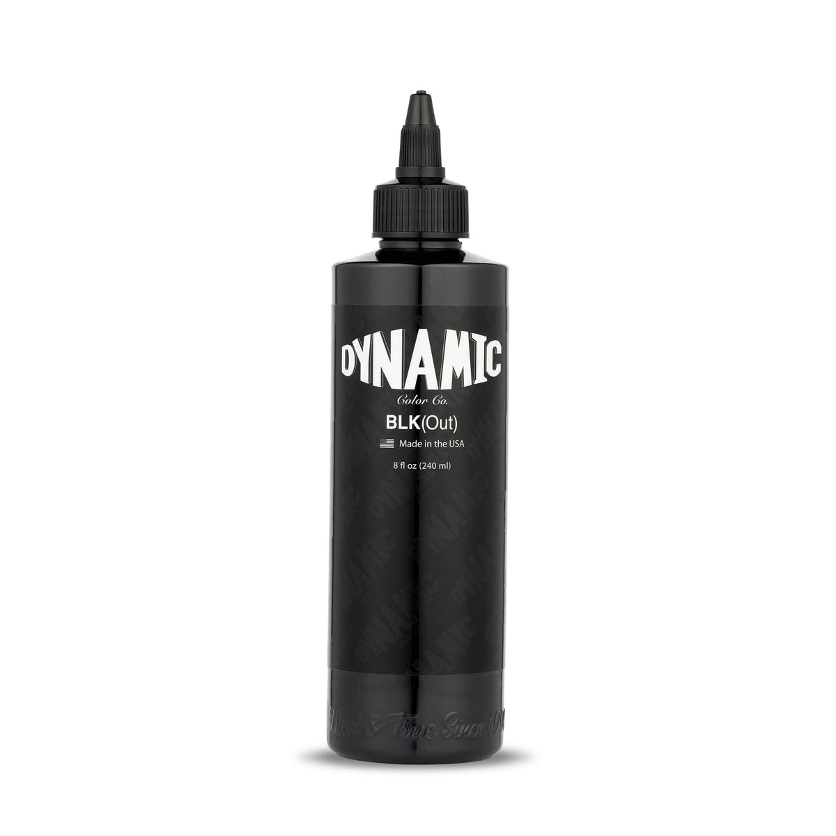Dynamic Color BLKout front bottle showing deep black pigment and clear branding benefit