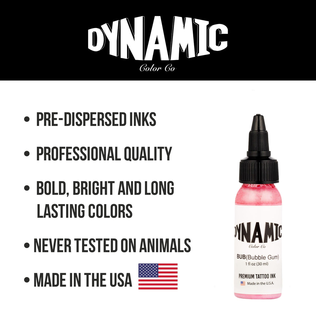 Dynamic Color bottle on a clean workstation with needles and gloves, promoting professional studio readiness