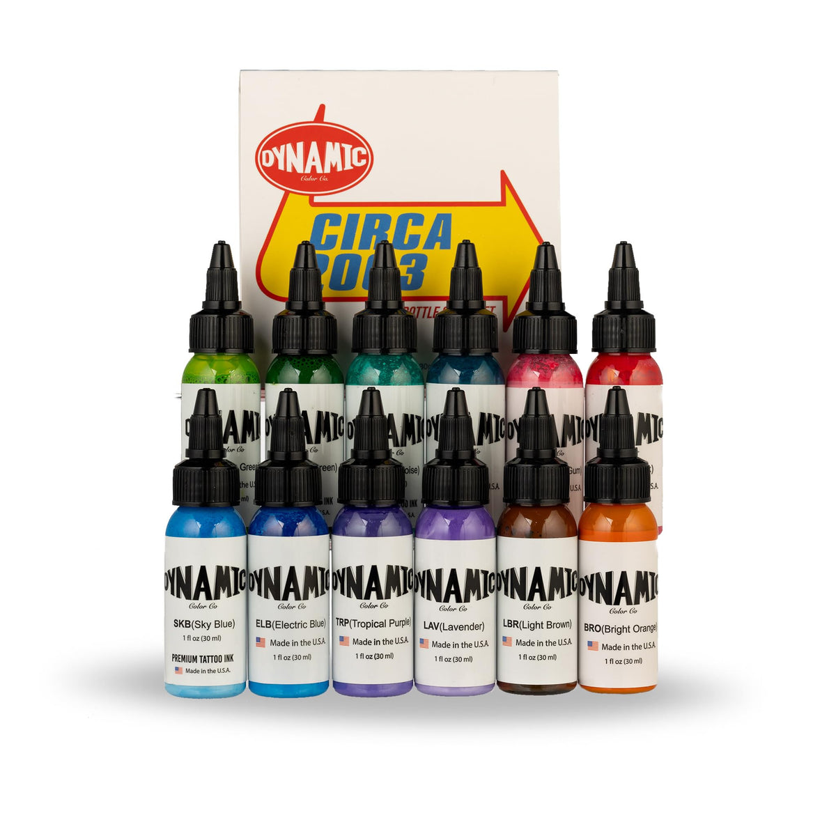 Dynamic Color Co front packaging showing 12 vibrant bottles and brand authenticity