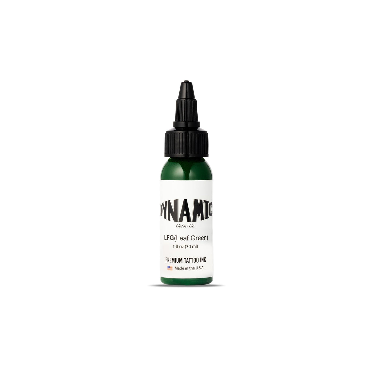Dynamic Color Co Leaf Green front bottle showing clear PET and seal for studio safety