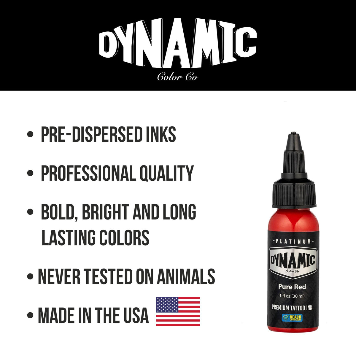 Dynamic Color Co pure red label and cap detail highlighting REACH compliance and vegan formula