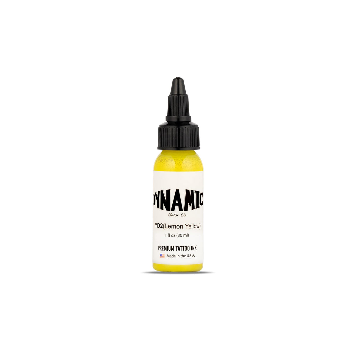 Dynamic Color Co lemon yellow front bottle showing clear label and color, ideal for studio shelves
