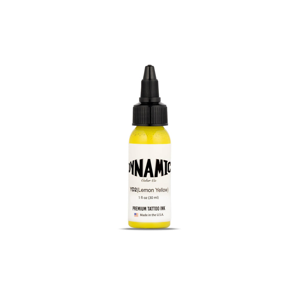 Dynamic Color Co lemon yellow front bottle showing clear label and color, ideal for studio shelves