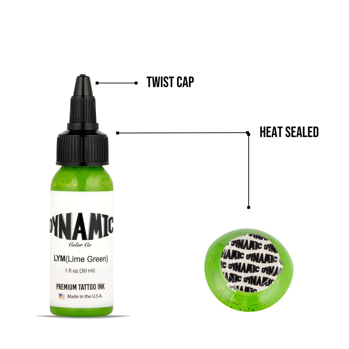 Dynamic Color Lime Green 1 oz bottle beside a ruler showing compact studio-friendly size