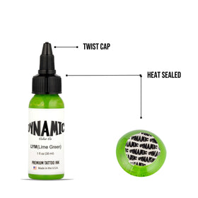 Dynamic Color Lime Green 1 oz bottle beside a ruler showing compact studio-friendly size
