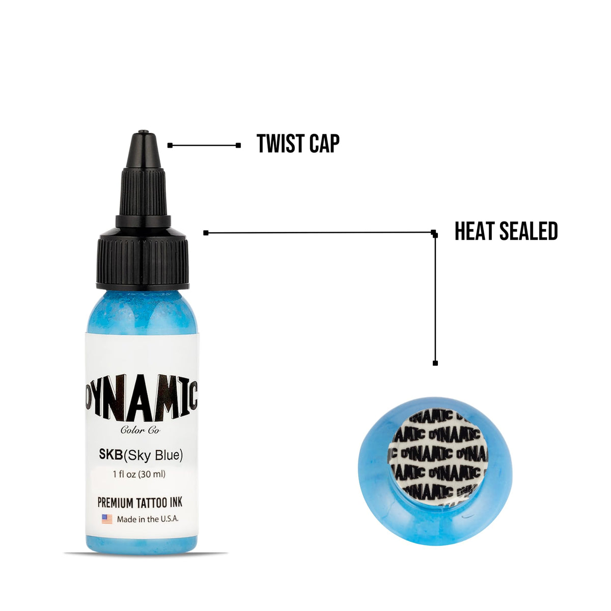 Dynamic Color Sky Blue 1 oz bottle next to a ruler showing compact studio size