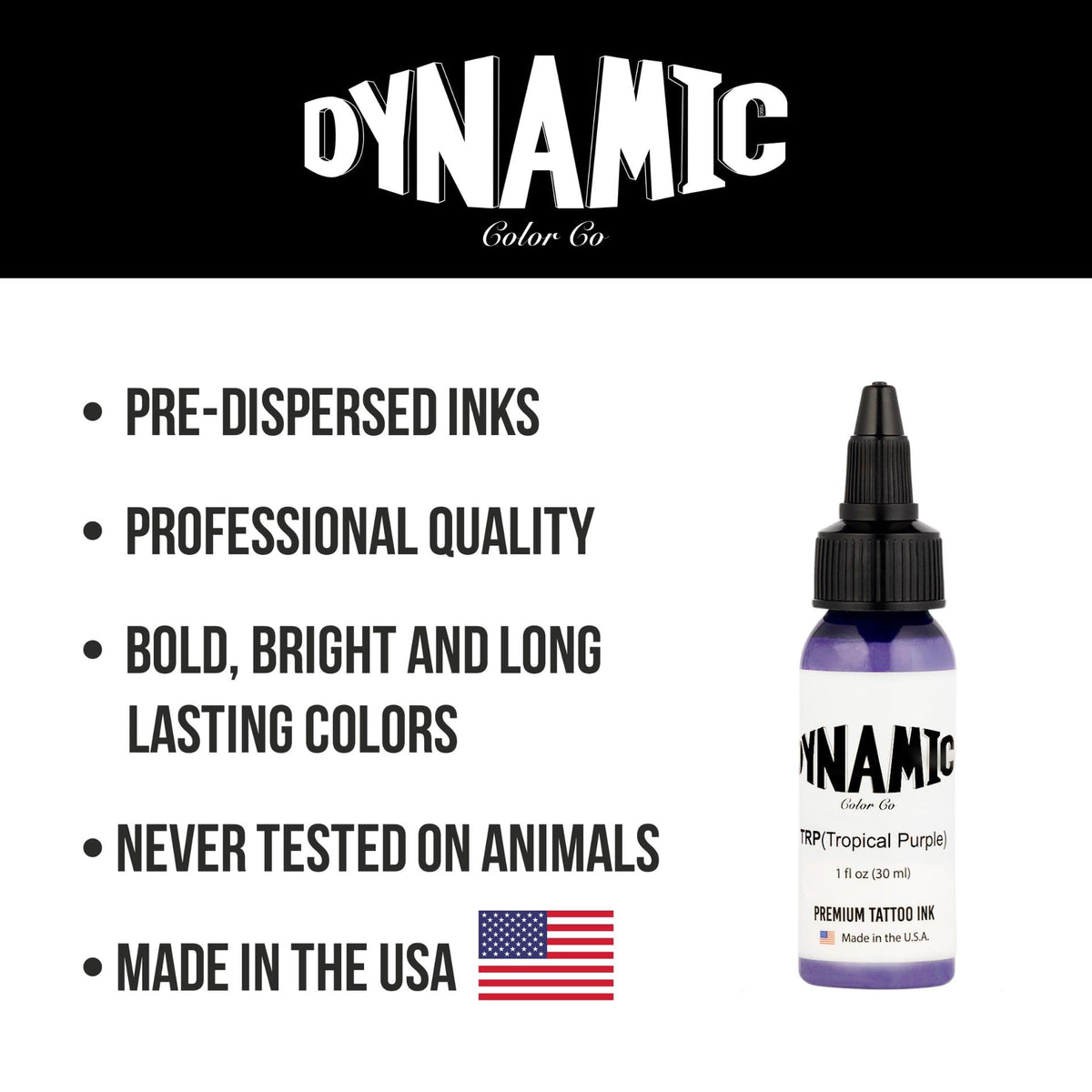 Dynamic Color bottle next to needle shows 1 oz size and studio-ready convenience
