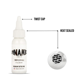 Dynamic Color White bottle next to ink cap showing 1 oz scale and convenient studio fit
