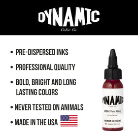 Dynamic Color bottle on workstation with tattoo machine, illustrating studio reliability