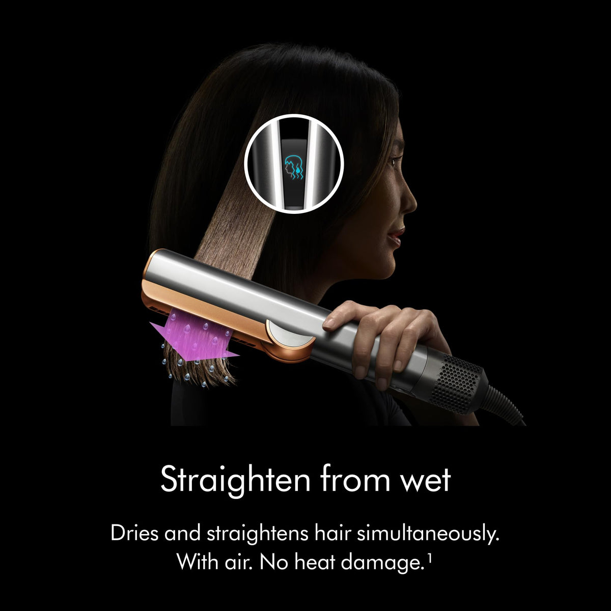 Dyson Airstrait on bathroom vanity lifestyle shot, simplifying daily routines