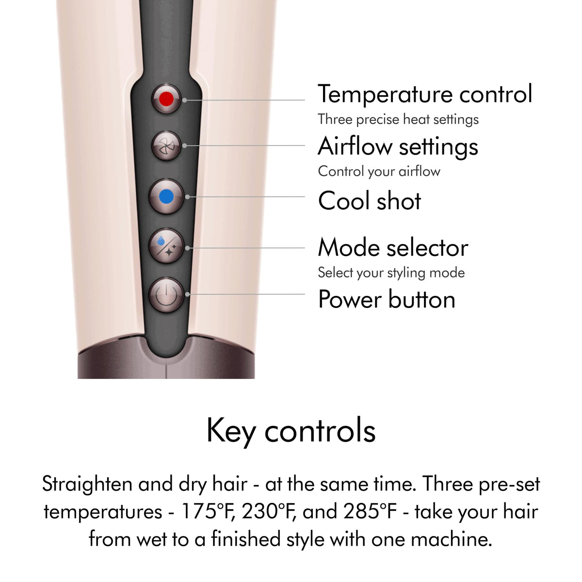 Dyson Airstrait next to a hand for scale, showing ergonomic size and grip