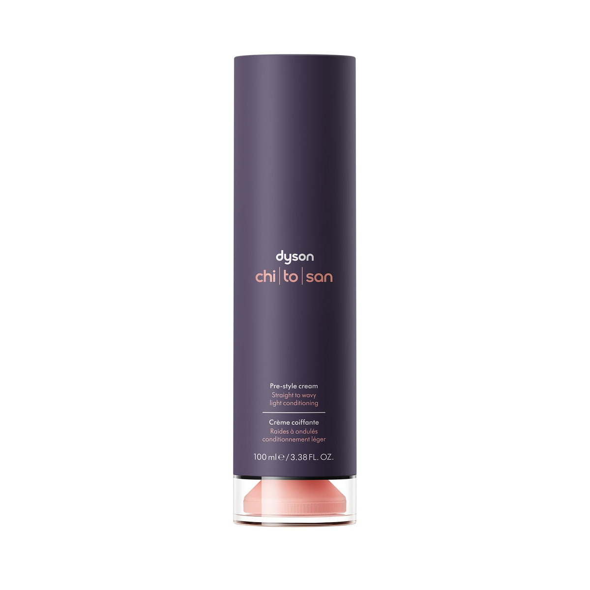 Dyson front packaging of Chitosan pre-style cream showing bottle and label benefit