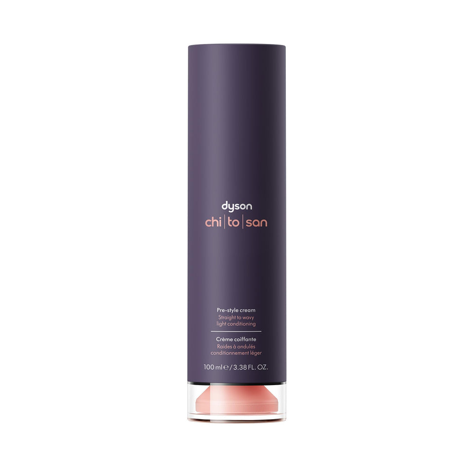 Dyson front packaging of Chitosan pre-style cream showing bottle and label benefit