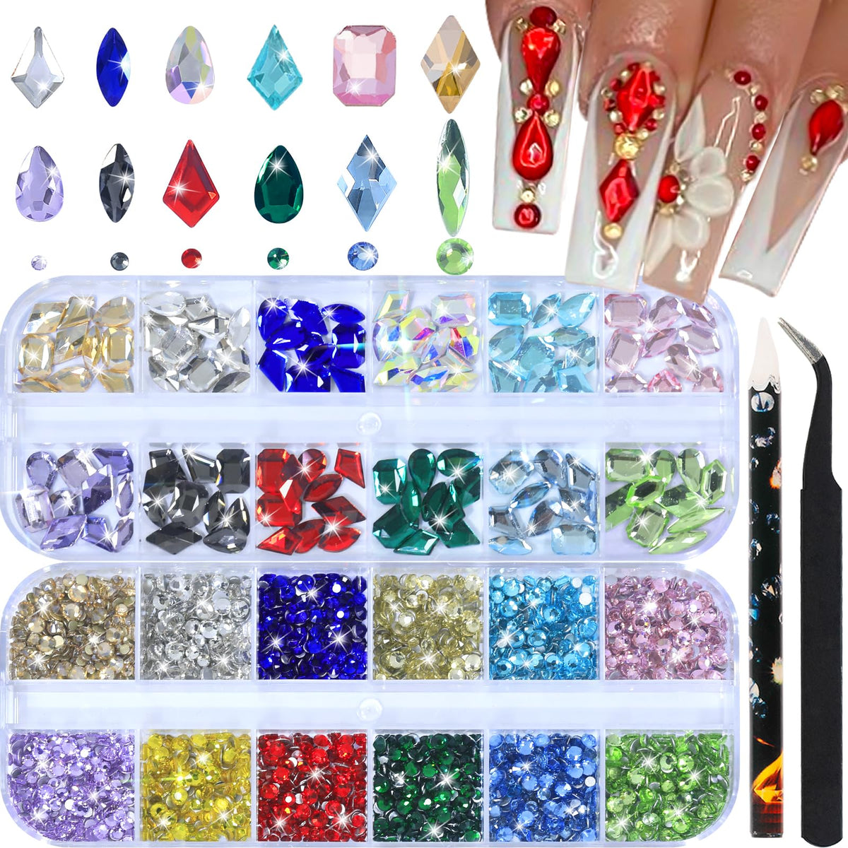 DZHILHMX front packaging showing colorful mixed rhinestones and kit benefits
