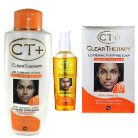 E de B three-piece CT+ pack front view showing lotion, soap and serum for coordinated brightening
