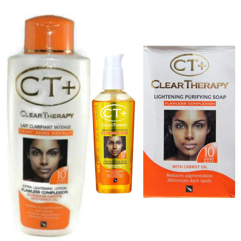 E de B three-piece CT+ pack front view showing lotion, soap and serum for coordinated brightening