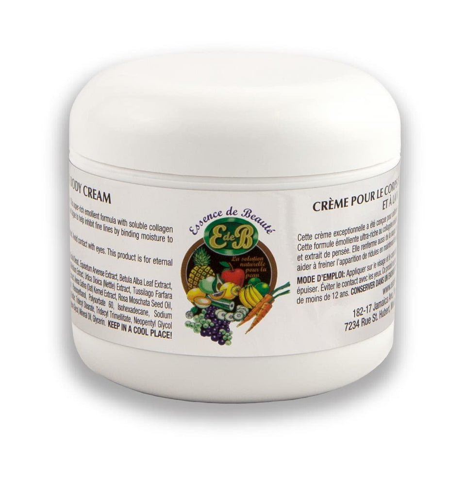 E de B jar front view showing label and 8oz cream, highlighting elegant packaging and hydration benefits