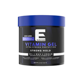 E Elegance front jar showing label and strong hold benefits