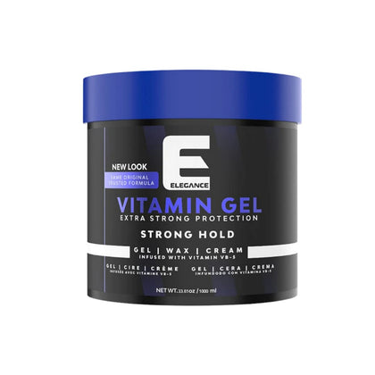 E Elegance front jar showing label and strong hold benefits