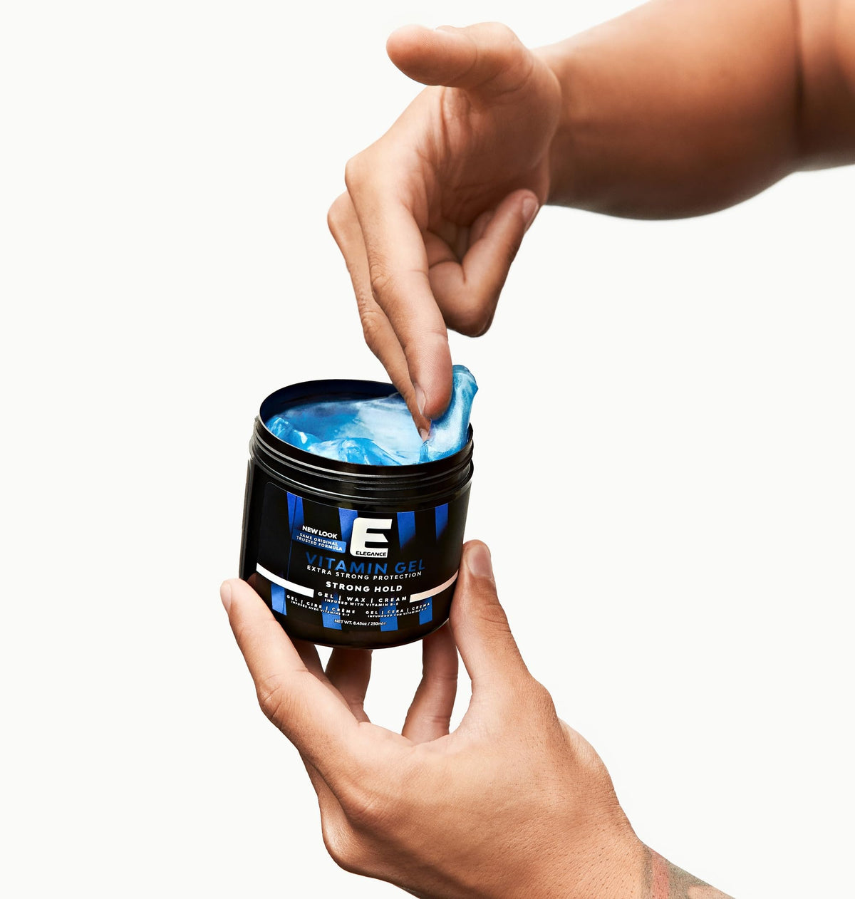 E Elegance jar on bathroom shelf conveying salon-ready routine
