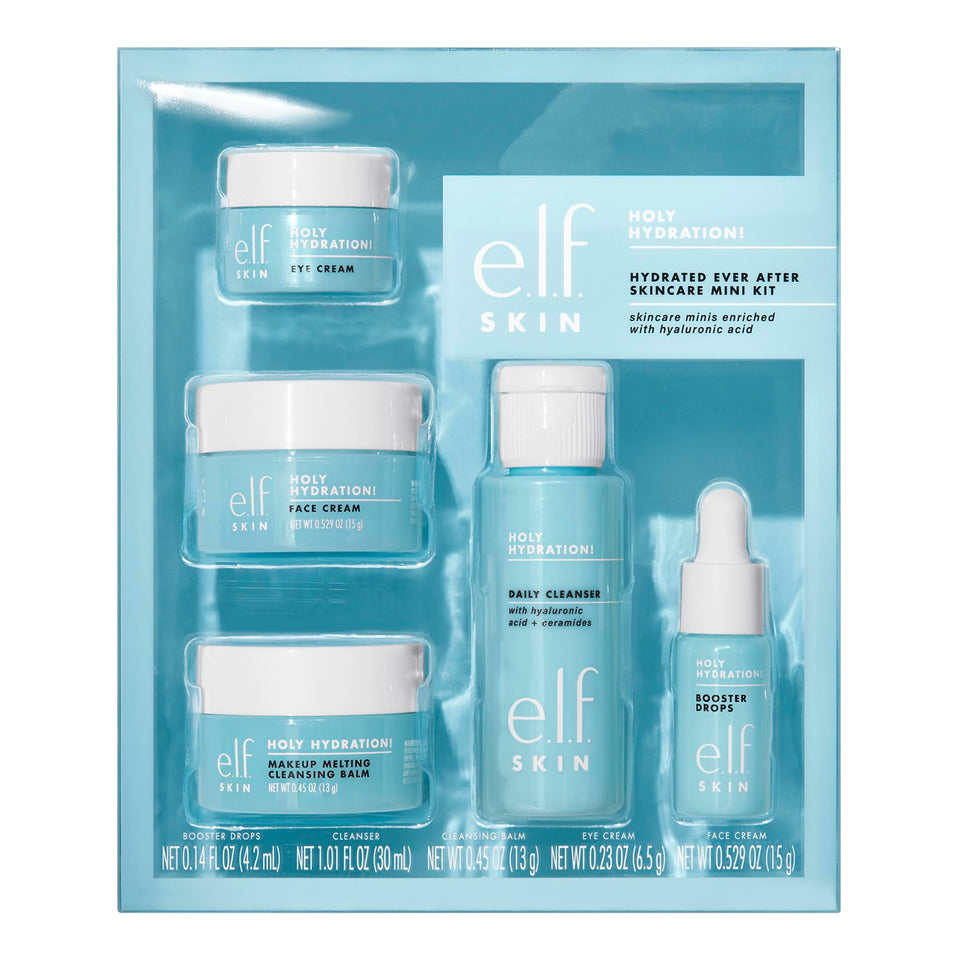 e.l.f. kit front packaging showing compact travel-friendly set and routine benefit