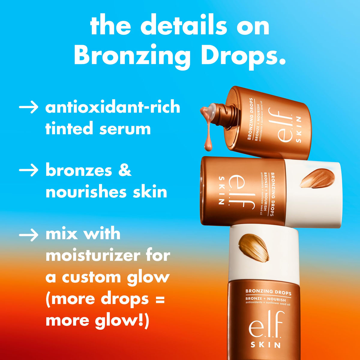 e.l.f. dropper releasing bronzing serum, shows lightweight blend and shimmer