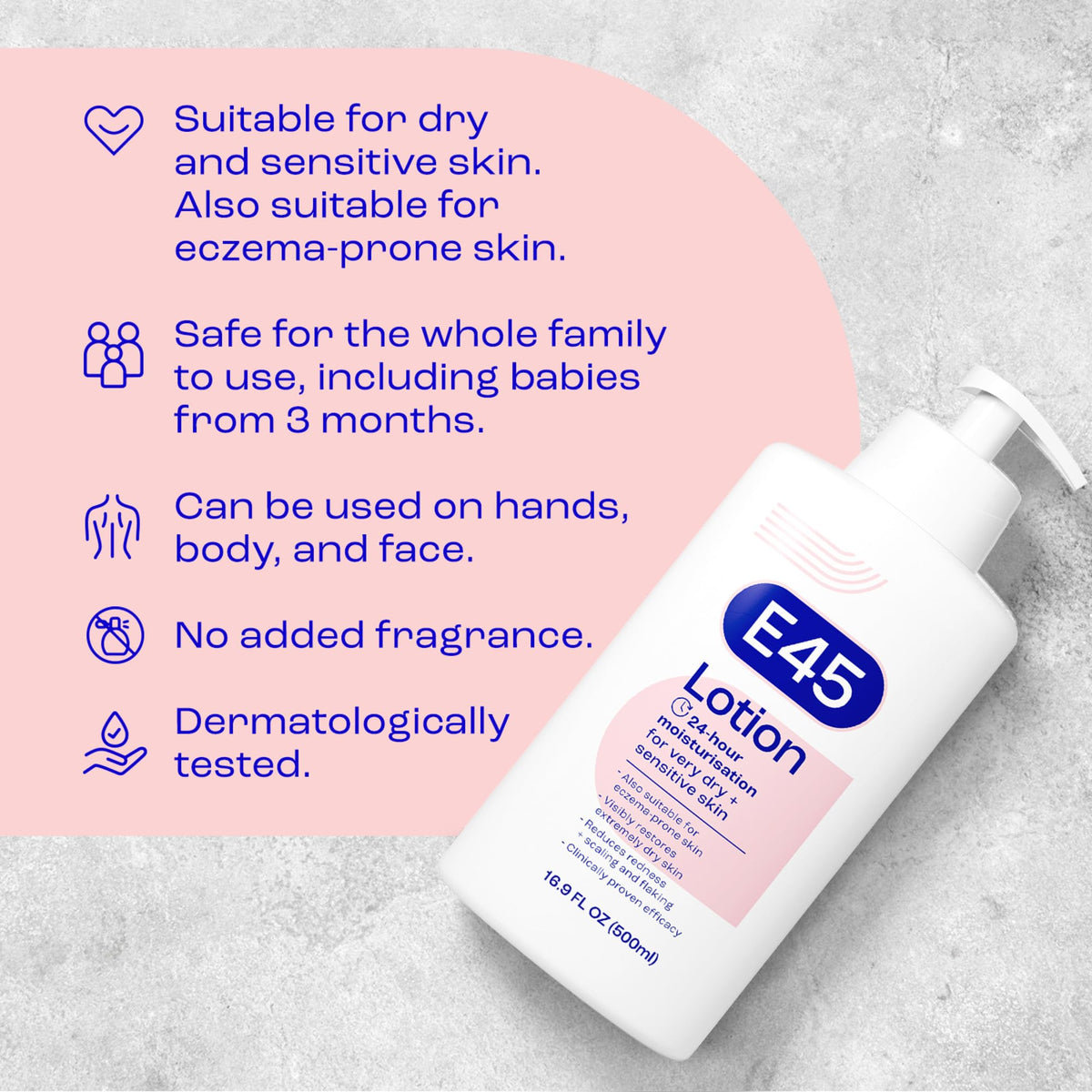 E45 500ml bottle beside a hand to show true product size and scale