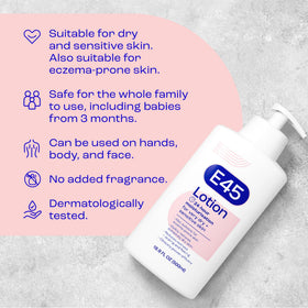 E45 500ml bottle beside a hand to show true product size and scale