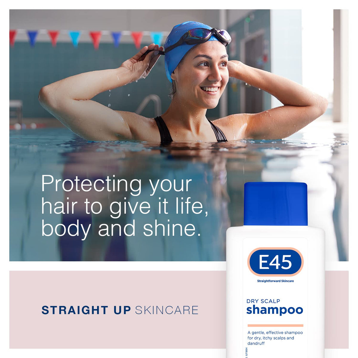 E45 applying shampoo to scalp in shower demonstrating usage